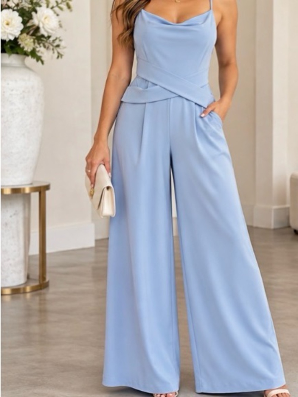 HALARA Light Blue Wide-Leg Cowl-Neck Jumpsuit - Picture 1 of 5